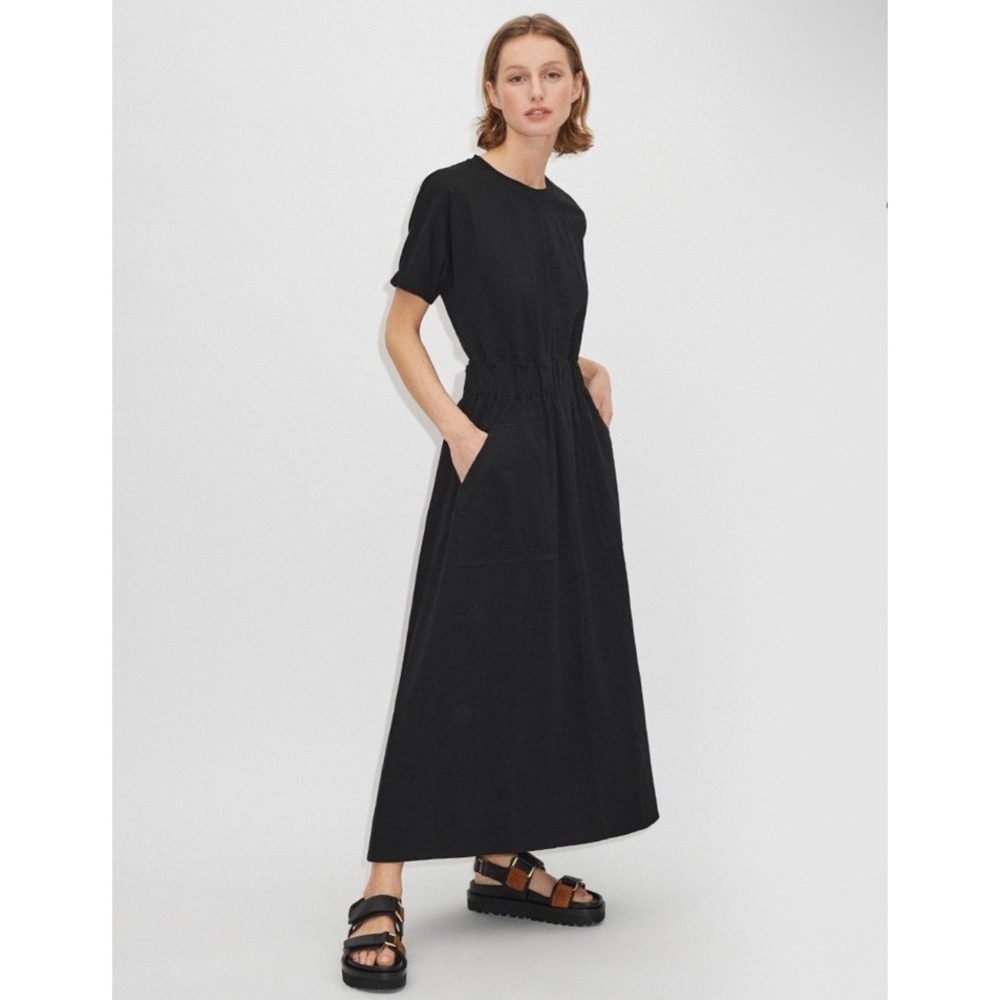 ME+EM Women's Gather Back Maxi T-Shirt Dress Size 4 Black Short Sleeve